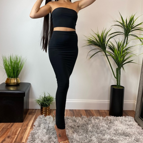 ‼️ Black Maxi Pencil Skirt Strapless Crop Top Set - Picture 2 of 8